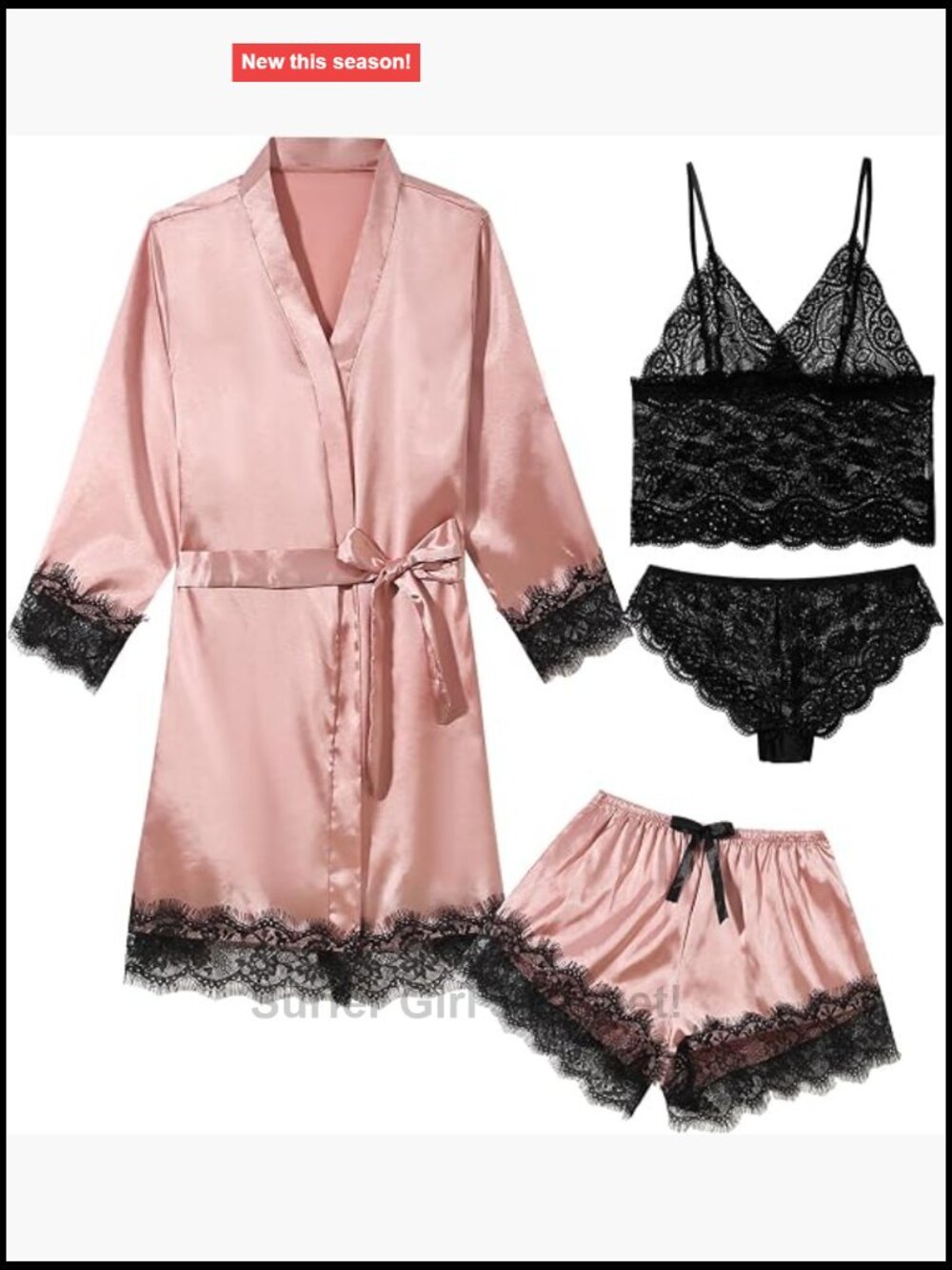 Women's 4 Piece Satin Pajama Set with Robe and Lace Cami Shorts Sleepwear
